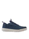Zapatilla azul casual para hombre con diseño moderno y funcional, tejido exterior de malla deportiva y suela moteada.