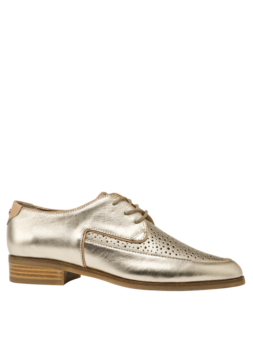 Diseño elegante en cuero oro, zapato casual femenino Pollini I215 con taco plano de 2.7 cm.