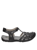 Sandalia de cuero negro para mujer con puntera cerrada y cierre de velcro, ideal para trekking urbano.