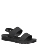 Sandalia negra casual para mujer versátil y cómoda, adecuada para un estilo de vida activo y relajado.