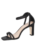Sandalia negra de cuero para mujer, casual y elegante, ideal para eventos formales con tacón cuadrado.