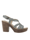 Sandalia celeste de cuero para mujer con tiras cruzadas y hebilla lateral, ideal para un estilo casual y versátil.