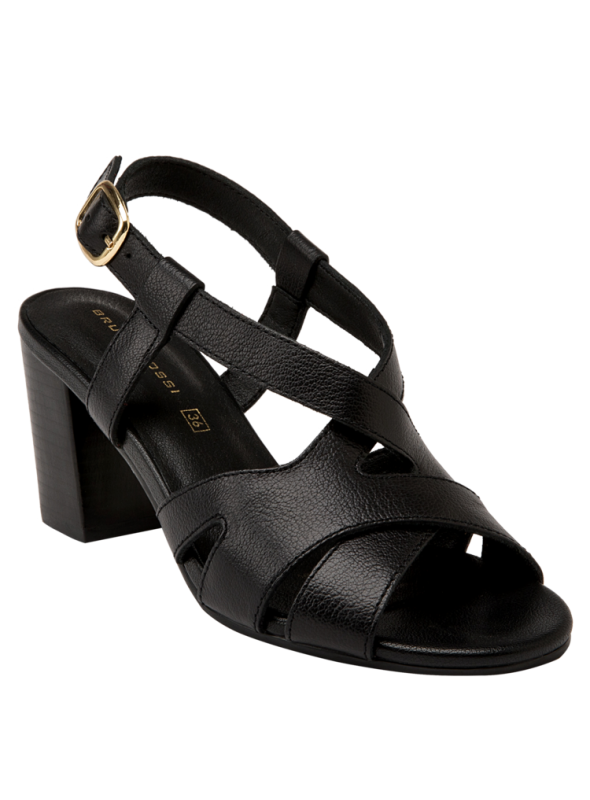 Sandalia de cuero negro con taco cuadrado de altura media, perfecta para ocasiones semi-formales.