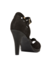 Sandalia de cuero negro para mujer, diseño abierto en dedos, ideal para eventos especiales y entornos formales.