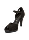 Sandalia negra de cuero con pulsera ajustable en el tobillo, perfecta para eventos formales, combina elegancia y soporte.