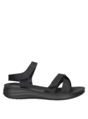 Calzado negro tipo sandalia para mujer, diseñado para soporte y comodidad en días calurosos y paseos urbanos.