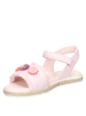 Sandalia infantil rosada casual con flores, correa ajustable y suela tipo yute, ideal para verano.