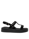 Sandalia negra de cuero para mujer, estilo casual, con taco plano de 5.5 cm y punta abierta.