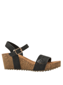 Sandalia negra casual de mujer con taco cuña de 6 cm y punta abierta, ideal para el verano.