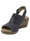 Sandalia azul de cuero para mujer con taco cuña de 6.4 cm y punta redonda, estilo casual.