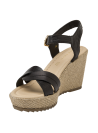 Sandalia negra de cuero para mujer con plataforma de cuña tejida, ideal para un estilo casual y versátil.