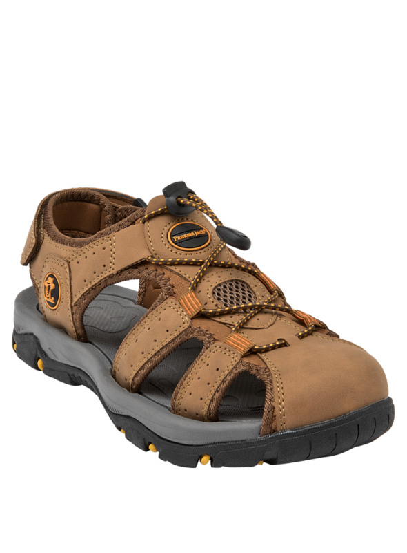 Sandalia camel de hombre, diseño casual con taco plano, adecuada para actividades veraniegas.