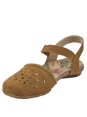 Sandalia de cuero camel para mujer, punta cerrada, perforaciones para ventilación. Ideal para climas cálidos.