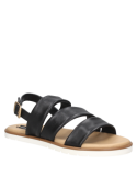 Sandalia negra de cuero para mujer, diseño minimalista con tiras cruzadas, ideal para estilo casual y normcore.