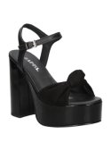 Sandalia negra de cuero para mujer con tacón bloque alto y plataforma, ideal para eventos formales y casuales.