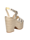 Sandalia de cuero oro para mujer, tacón robusto y plataforma alta, perfecta para combinar con vestidos veraniegos.