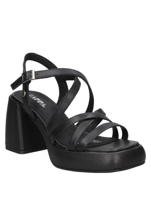 Sandalia de cuero negro para mujer, versátil para combinar con vestidos o faldas, ofreciendo un look sofisticado.
