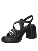 Sandalia negra de cuero para mujer con diseño elegante de múltiples tiras cruzadas, ideal para eventos formales o casuales.