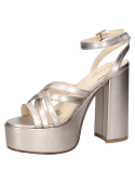 Sandalia de cuero oro para mujer, plataforma alta y taco bloque, estilo casual chic inspirado en los años 70.