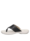 Sandalia negra de cuero para mujer, diseño informal con taco plano de 3 cm y punta abierta.