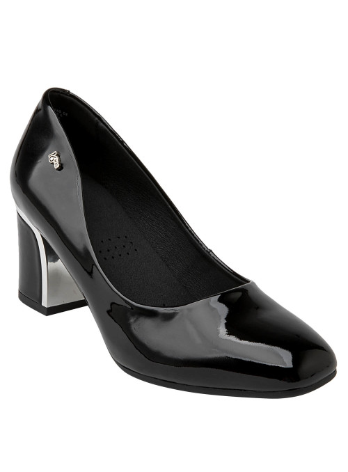 Elegante zapato de mujer en cuero negro charol, ideal para oficina y eventos formales, con diseño minimalista.