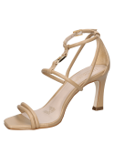 Sandalia beige de cuero para mujer, estilo casual, minimalista con tiras cruzadas delgadas y toque moderno.