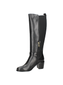 Bota de cuero negro para mujer, estilo casual clásico, con correa y hebilla metálica, ideal para looks versátiles.