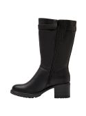 Bota negra de cuero para mujer con diseño ecuestre, eje alto y hebillas metálicas, ideal para moda urbana chic.