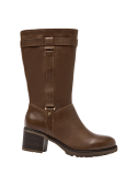 Elegante bota de cuero café para mujer, estilo sobrio con hebillas y comodidad en ocasiones semi-formales.