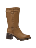 Bota de cuero camel, estilo ecuestre, perfecta para ocasiones casuales y semi-formales, ofreciendo comodidad y estabilidad.