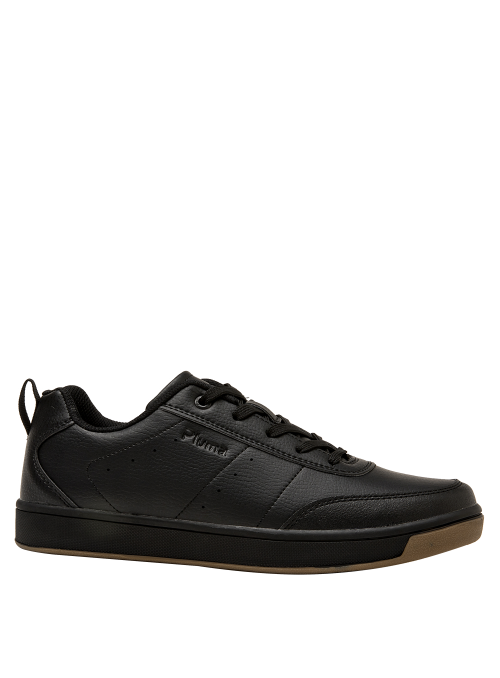 Zapatilla negra unisex de estilo colegial, corte bajo y aspecto elegante, ideal para combinar con jeans o ropa casual.