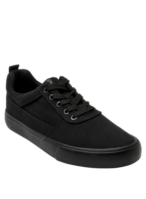 Zapatilla colegial unisex negra de diseño clásico con cordones y ojales metálicos, ideal para un look urbano y casual.