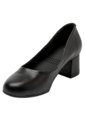 Zapato de mujer de cuero negro, con tacón medio que equilibra comodidad y estilo, perfecto para eventos formales.