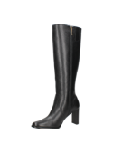 Bota de cuero negro para mujer, estilo casual y minimalista, con caña alta y tacón rectangular para un look elegante.