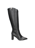 Bota negra de cuero de mujer, estilo atemporal, combina con vestidos o jeans, perfecta para eventos semi-formales.