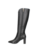 Bota negra de cuero para mujer, minimalista y sofisticada, con tacón ancho de altura media para estabilidad y elegancia.