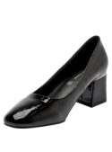 Zapato de charol negro para mujer, con silueta elegante y atemporal, adecuado para ocasiones importantes o uso profesional.