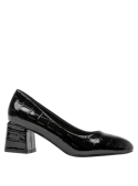 Zapato negro de charol para mujer, con diseño minimalista y tacón cuadrado, ideal para eventos formales por su elegancia.