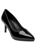 Zapato de mujer negro charol con tacón alto y delgado que estiliza la pierna, perfecto para un look sofisticado.