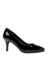 Zapato negro de mujer tipo stiletto con acabado charol, diseño elegante y clásico, ideal para eventos formales y oficina.