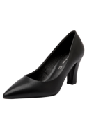 Zapato de tacón alto negro para mujer, estilo clásico en cuero, sin adornos, adecuado para ocasiones elegantes.