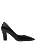 Zapato stiletto negro de mujer, estilo casual y sofisticado, con tacón alto de cuero, ideal para eventos formales.