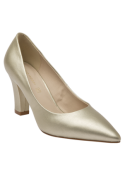 Elegante zapato dorado de mujer con tacón alto y delgado, perfecto para eventos formales y ocasiones especiales.