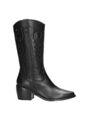 Bota vaquera negra de cuero para mujer, ideal con vestidos florales o chaquetas de mezclilla. Perfecta para conciertos.