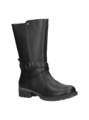 Bota de cuero negra para mujer, estilo biker, ideal para otoño e invierno, con diseño atemporal y cómodo.