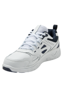 Zapatilla athleisure blanca de cuero para hombre, con costuras visibles y paneles superpuestos.
