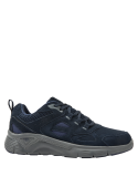 Zapatilla casual azul de cuero y textil para hombre, diseño robusto con cordones estándar y ojales reforzados.