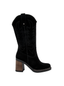 Bota vaquera negra de cuero gamuzado para mujer, con caña alta y tacón ancho, ideal para un estilo casual y chic.