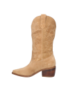 Bota Western para mujer, color camel, de cuero, con bordados elegantes y tacón cuadrado estable.