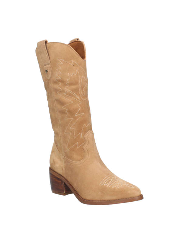 Bota vaquera camel de cuero para mujer, con bordados zigzagueantes y curvas, ideal para un estilo Western chic.